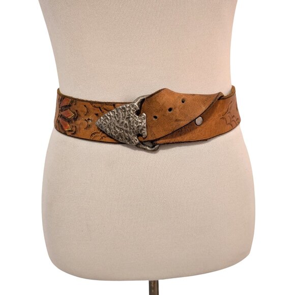 Vintage Handmade? Unisex Sz 28"-33" Leather Screaming Eagle Brass Arrowhead Belt - Picture 1 of 10